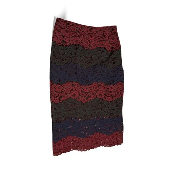 Sandro Red Blue Lace 2 Piece Long Sleeve Lined Pencil MIDI Skirt Set Size 3 US 8 - Picture 6 of 11